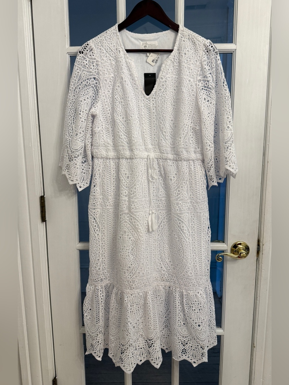 Destination 365 Women’s White Crochet Lace Midi Dress V-Neck Boho NWT M Petite